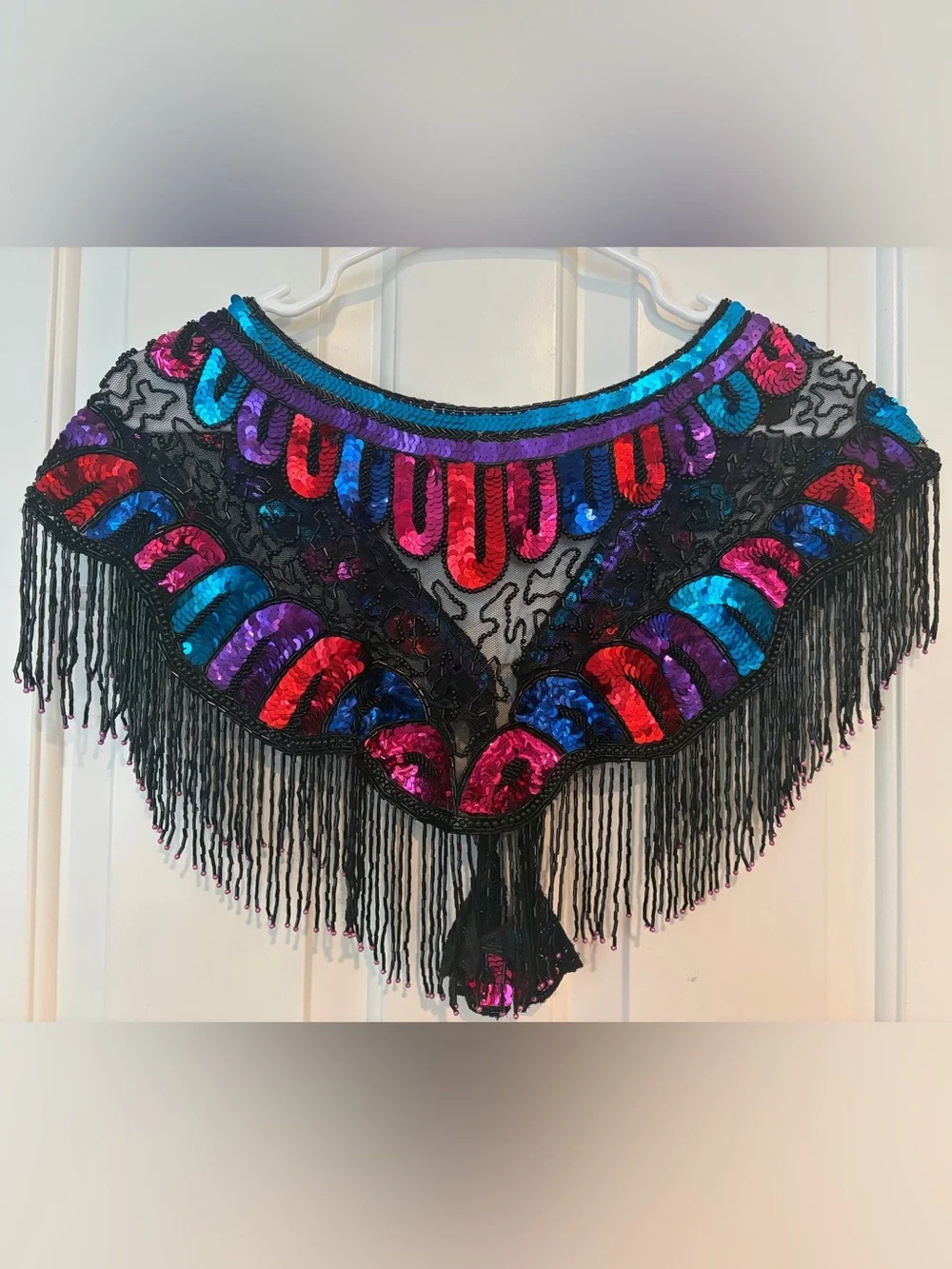 Vintage multicolor sequined & beaded fringe capelet collar / shoulder necklace